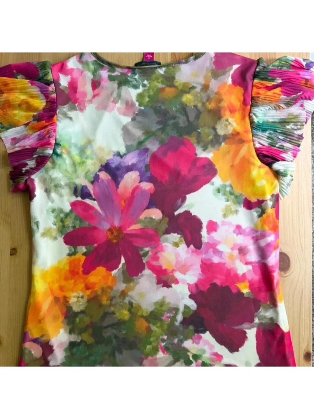 NWT Vince Camuto Floral Mesh Blouse Ruched Pleated Puff Sleeve Top Size Small